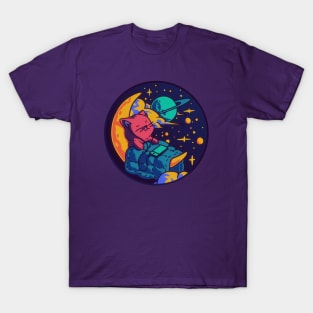 Sleeping kitten on moon, cute cat sleeping on moon neon T-Shirt